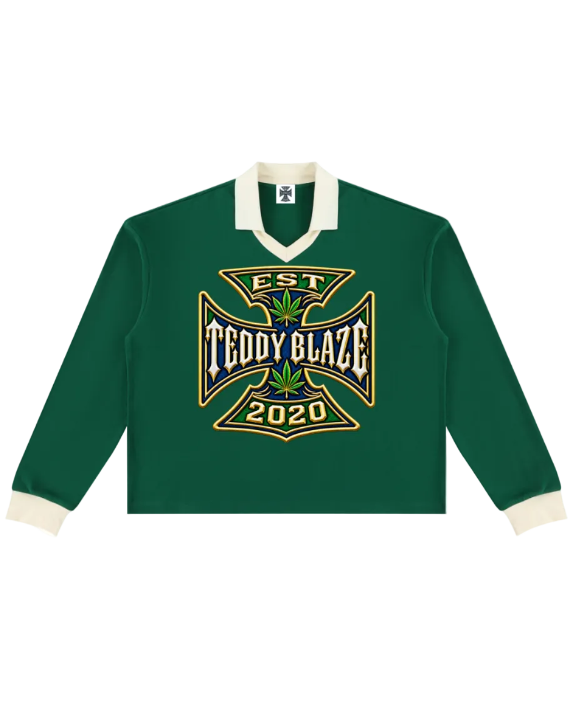 Shop the Iron + Ivy DaCruz Contrast Trim Long Polo by Teddy Blaze. Heavyweight 320 GSM forest green cotton-poly long-sleeve polo with cream contrast collar, cuffs, and heraldic Iron Cross graphic.