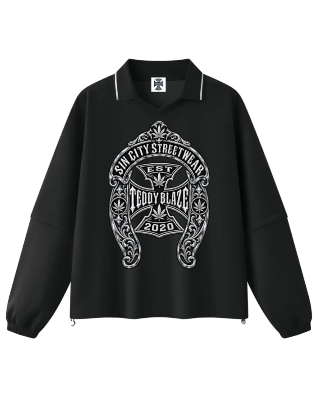 Shop the Iron + Ivy DaCruz Horseshoe Detachable Sleeves Polo by Teddy Blaze. Heavyweight 380 GSM black stretch polo with convertible 2-in-1 detachable sleeves and silver Sin City horseshoe graphic.