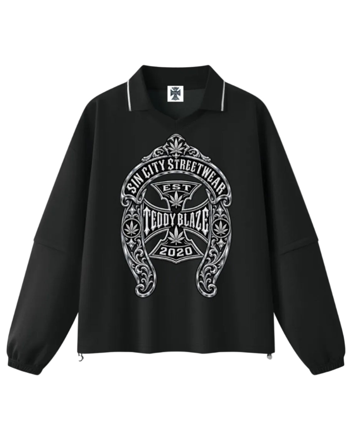 Shop the Iron + Ivy DaCruz Horseshoe Detachable Sleeves Polo by Teddy Blaze. Heavyweight 380 GSM black stretch polo with convertible 2-in-1 detachable sleeves and silver Sin City horseshoe graphic.