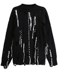 Discover the Teddy Blaze black knitted cotton blend sweater featuring contrasting white colorblock details, intentional distressing, and a relaxed oversized silhouette. A high-impact piece built for street-forward casual styling.