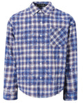 Discover the Teddy Blaze blue distressed plaid button-up shirt featuring a classic flip collar, a chest pocket, intentional distressing details, and a relaxed high-low hemline. A staple piece that channels the house's preppy heritage with a modern edge.