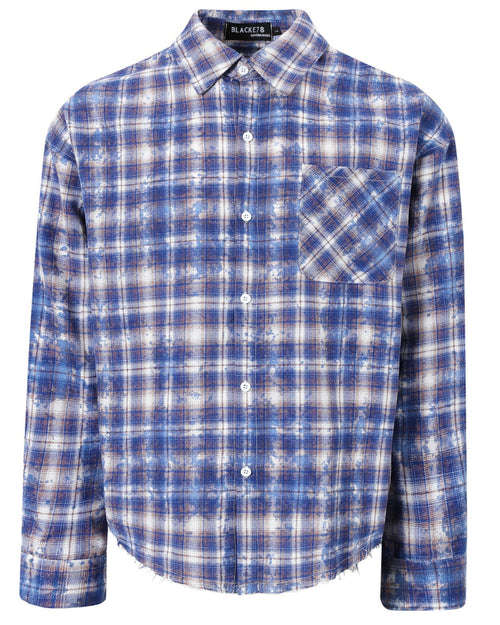 Discover the Teddy Blaze blue distressed plaid button-up shirt featuring a classic flip collar, a chest pocket, intentional distressing details, and a relaxed high-low hemline. A staple piece that channels the house's preppy heritage with a modern edge.