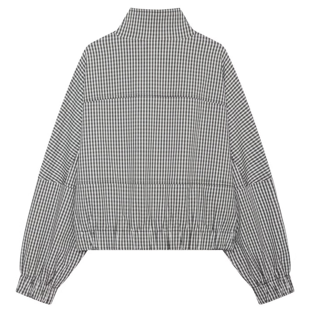 Shop the Iron + Ivy Patchwork Gingham Funnel Neck Zip Jacket by Teddy Blaze. Women’s grey micro-gingham cropped track jacket featuring multi-directional check panelling and a high stand collar.