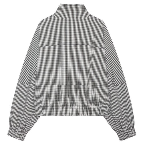Shop the Iron + Ivy Patchwork Gingham Funnel Neck Zip Jacket by Teddy Blaze. Women’s grey micro-gingham cropped track jacket featuring multi-directional check panelling and a high stand collar.