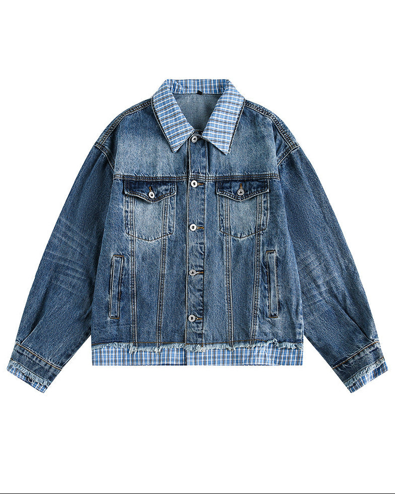 Discover the Teddy Blaze cotton jacket featuring a contrasting plaid collar, hem detailing, and cuffs. Available in white and blue colorways, this statement outerwear piece brings layered depth and relaxed style to autumn dressing.