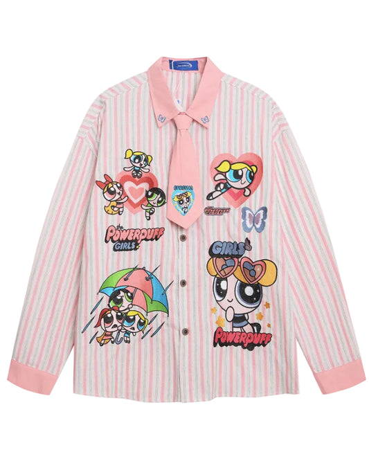 Powerpuff Girls Embroidered Print Necktie Detail Long Sleeve Button Down Shirt