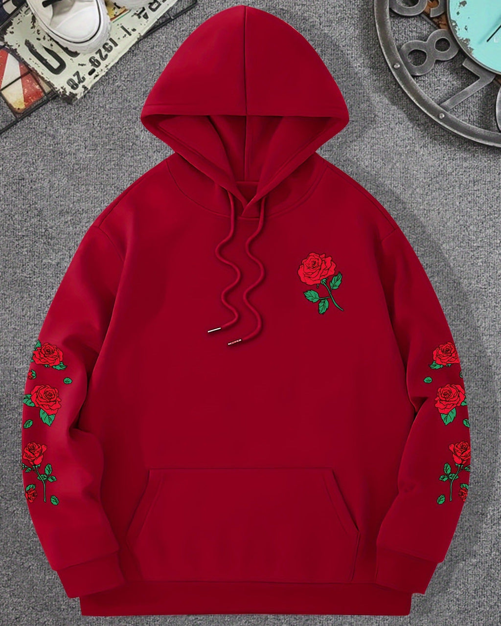 Shop the Rose Print Sleeve Pullover Hoodie by Teddy Blaze. Soft fleece pullover featuring red rose sleeve graphics from THE IVY MAN collection.