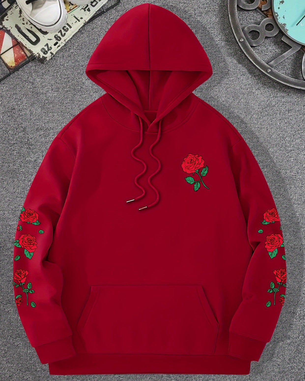 Shop the Rose Print Sleeve Pullover Hoodie by Teddy Blaze. Soft fleece pullover featuring red rose sleeve graphics from THE IVY MAN collection.