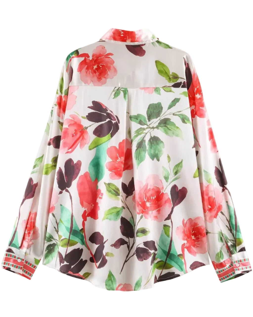 Shop the Iron + Ivy Botanical Rose Satin Button-Down Shirt by Teddy Blaze. Women’s relaxed satin-finish polyester shirt featuring a vibrant red rose floral print and geometric border trims.
