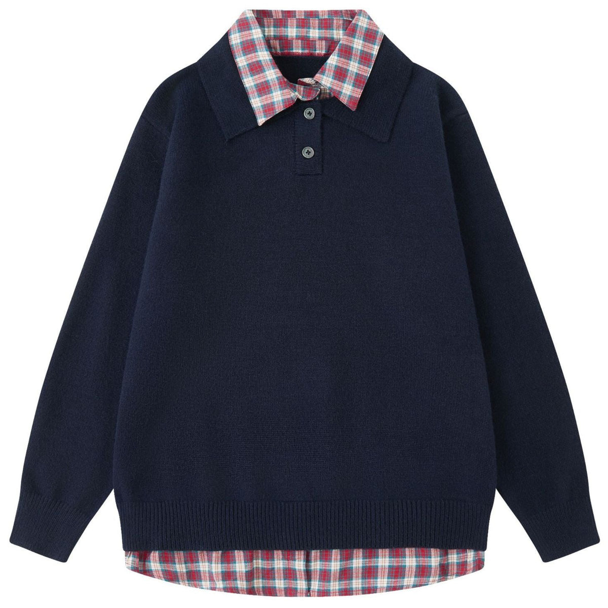 Shop the Iron + Ivy Layered Plaid Collar Polo Knit Sweater by Teddy Blaze. Preppy 2-in-1 layered cable knit sweater featuring an integrated plaid button-down collar and hem trim.