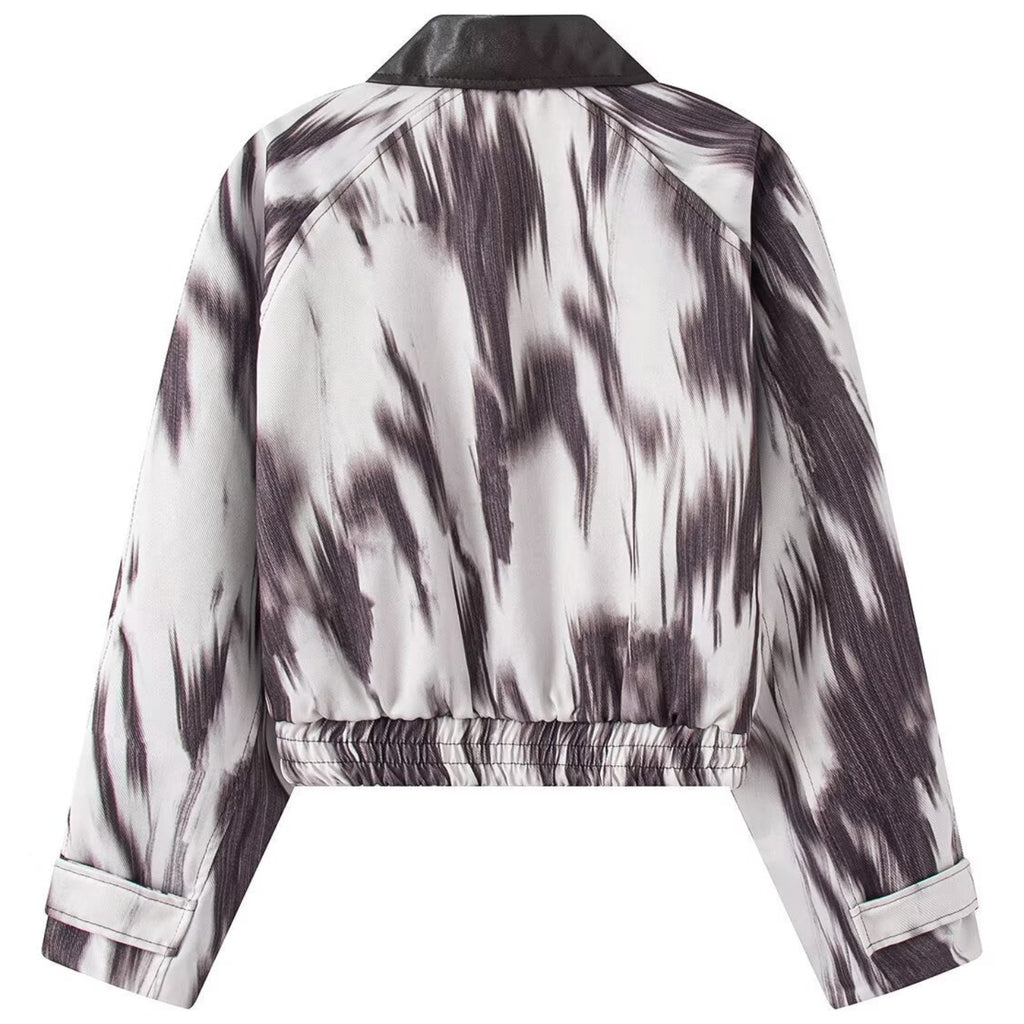 Shop the Iron + Ivy Abstract Ikat Leatherette Collar Bomber Jacket by Teddy Blaze. Women’s cropped woven bomber featuring a monochrome ikat streak print and black PU leather collar.