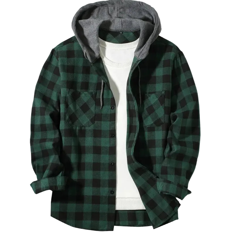 Shop the Iron + Ivy Buffalo Plaid Hooded Flannel Shirt by Teddy Blaze. Heavyweight cotton buffalo check button-down featuring an integrated contrast grey fleece hood and dual flap chest pockets.