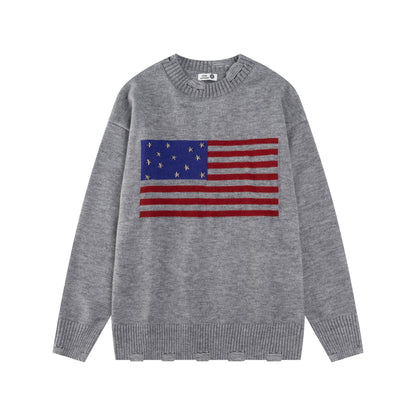 Studded Star Detail Flag Jacquard Knit Pullover Sweater