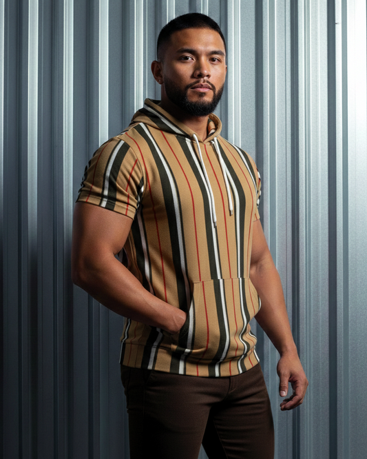 Striped Short Sleeve Pullover Hoodie.STR3