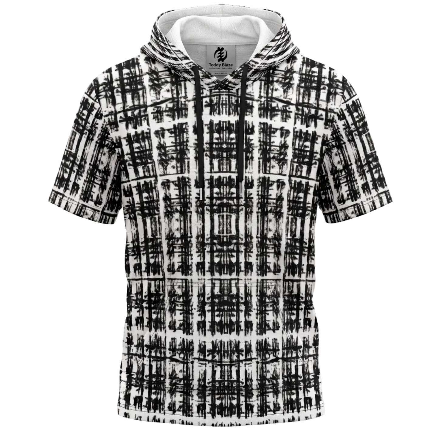 Black-and-white Scribble Tartan Tee Hoodie from Teddy Blaze MEN OF BRIXTON featuring short sleeves, drawstring hood, and kangaroo pocket.