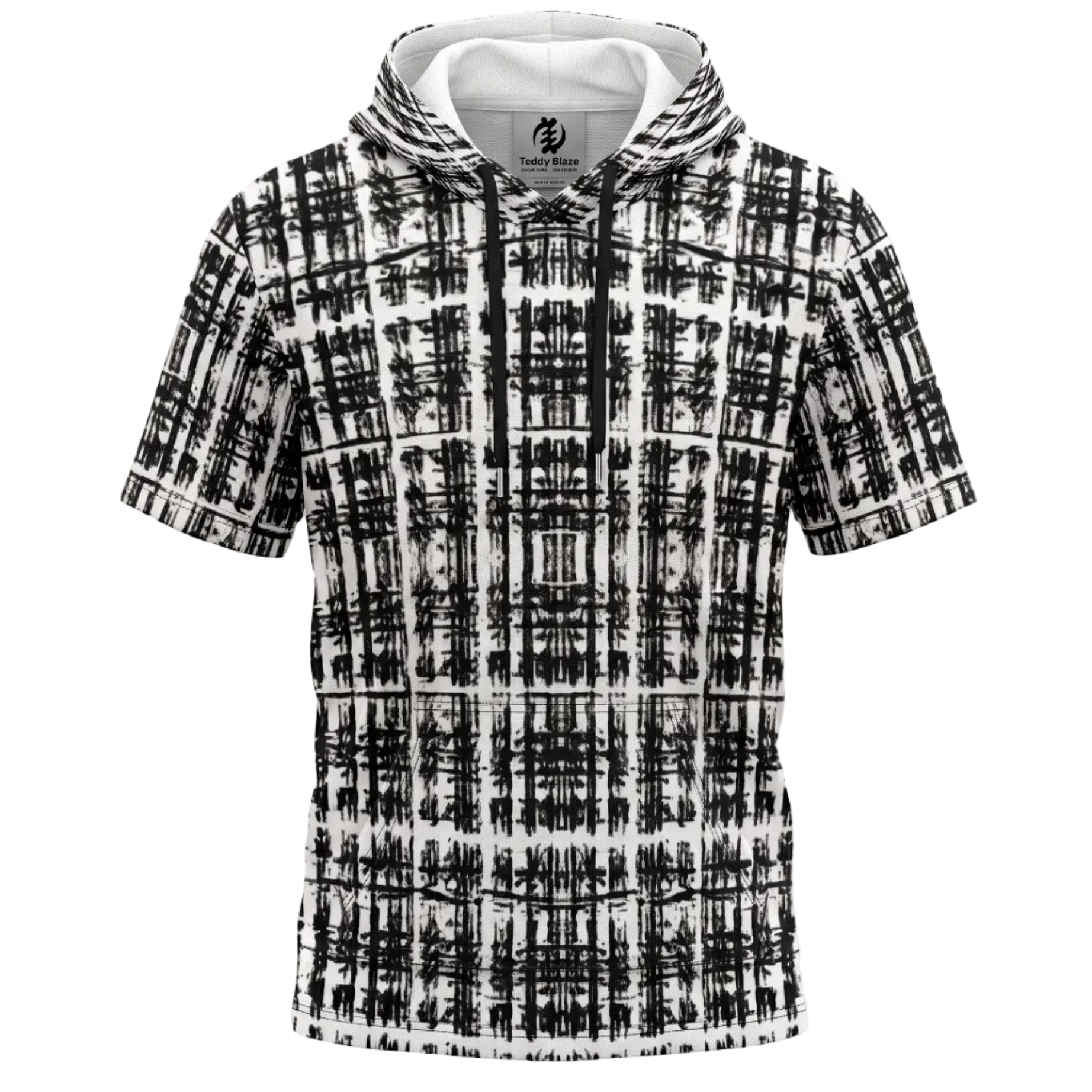 Black-and-white Scribble Tartan Tee Hoodie from Teddy Blaze MEN OF BRIXTON featuring short sleeves, drawstring hood, and kangaroo pocket.