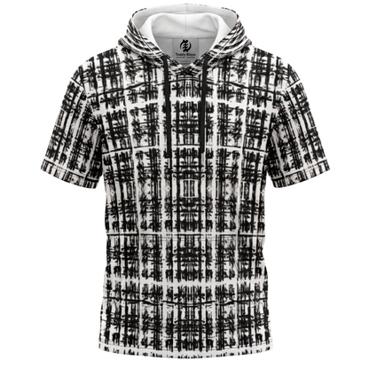 Black-and-white Scribble Tartan Tee Hoodie from Teddy Blaze MEN OF BRIXTON featuring short sleeves, drawstring hood, and kangaroo pocket.
