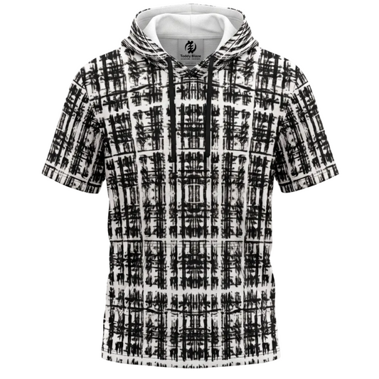 Black-and-white Scribble Tartan Tee Hoodie from Teddy Blaze MEN OF BRIXTON featuring short sleeves, drawstring hood, and kangaroo pocket.