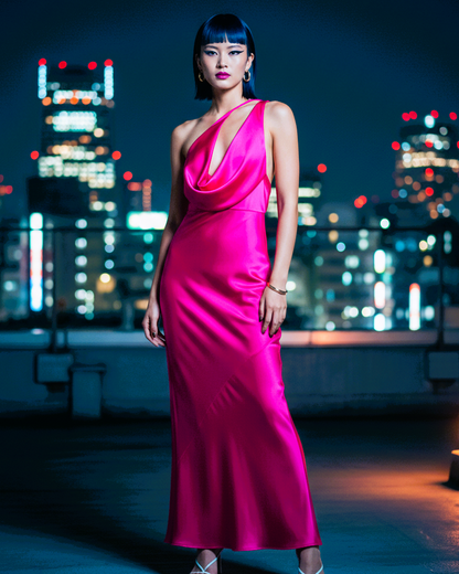 The Voltage Drape Satin Halter Neck Maxi Dress