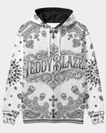Discover the Teddy Blaze Ghostdana pullover hoodie, featuring an intricate white-and-black bandana graphic intertwined with gothic skulls, ornate crosses, and classic paisley motifs. Centered with a bold, vintage-style Teddy Blaze ornate typography banner on both the front and back, and finished with a contrasting black inner hood and drawstrings, this piece delivers high-impact graphic streetwear styling.
