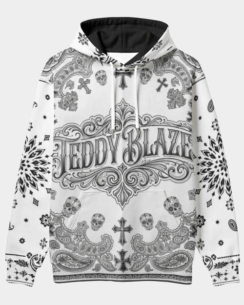 Discover the Teddy Blaze Ghostdana pullover hoodie, featuring an intricate white-and-black bandana graphic intertwined with gothic skulls, ornate crosses, and classic paisley motifs. Centered with a bold, vintage-style Teddy Blaze ornate typography banner on both the front and back, and finished with a contrasting black inner hood and drawstrings, this piece delivers high-impact graphic streetwear styling.