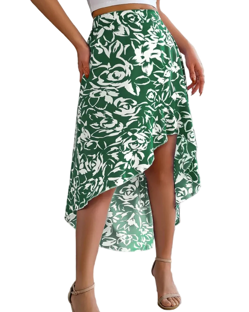 Discover the Teddy Blaze green and white floral asymmetrical skirt. Featuring an eye-catching high-low hemline and lightweight drape, this skirt brings effortless movement to warm-weather dressing.