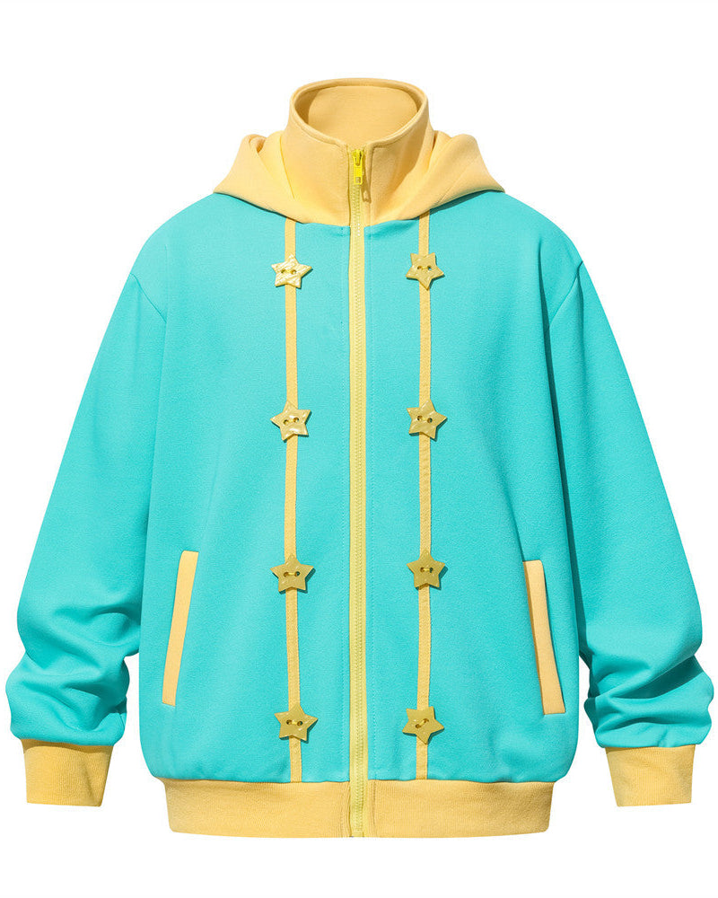 Discover the Teddy Blaze green zip-front hoodie featuring contrasting yellow trim, a high hooded collar, and dimensional star button appliques. A standout piece built for high-impact casual style.