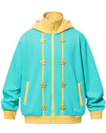 Discover the Teddy Blaze green zip-front hoodie featuring contrasting yellow trim, a high hooded collar, and dimensional star button appliques. A standout piece built for high-impact casual style.