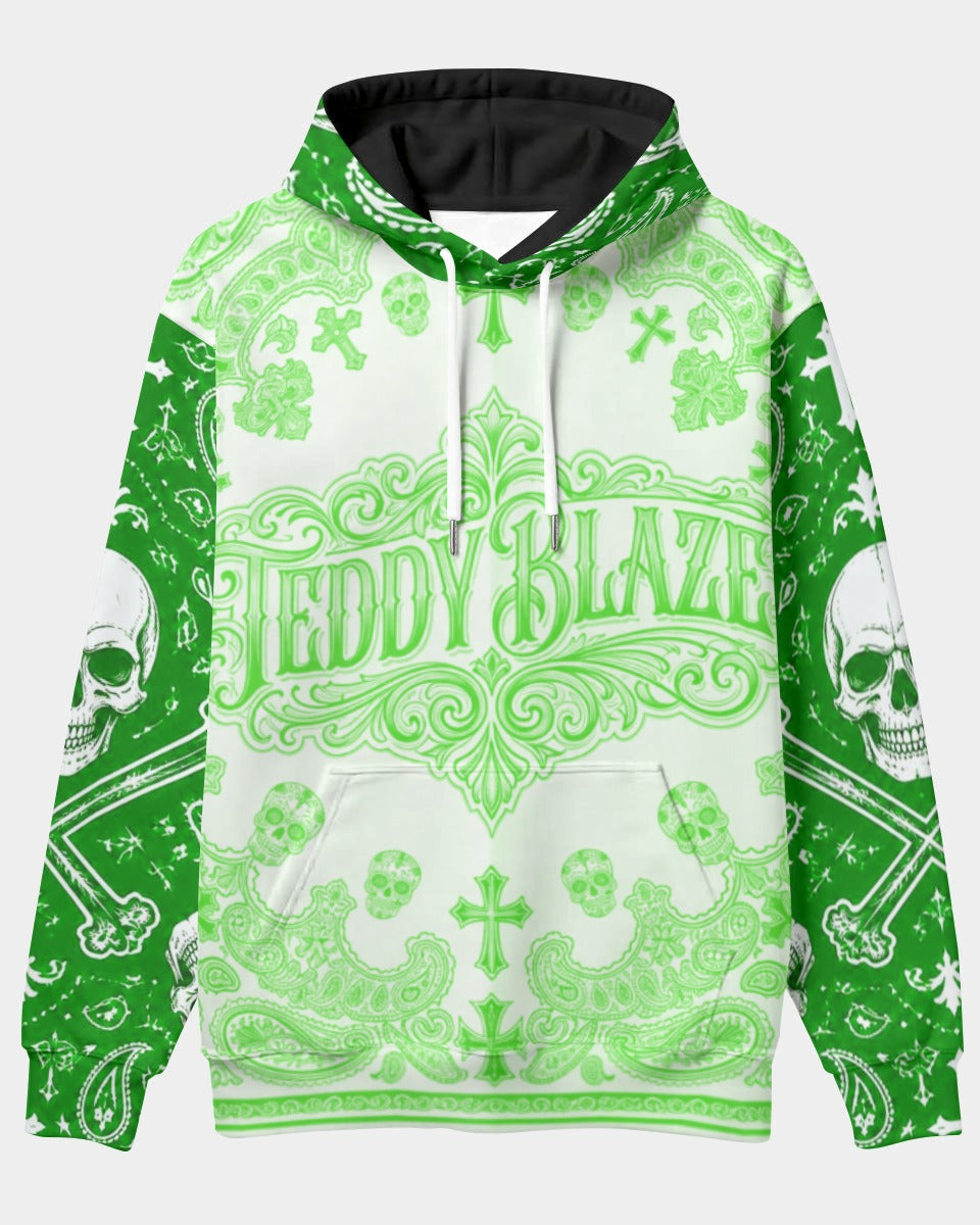 Discover the Teddy Blaze Limedana pullover hoodie, featuring an intricate vibrant green-and-white bandana graphic intertwined with gothic skulls, ornate crosses, and classic paisley motifs. Centered with a bold, vintage-style Teddy Blaze ornate typography banner on both the front and back, and finished with a contrasting black inner hood and white drawstrings, this piece delivers high-impact graphic streetwear styling.
