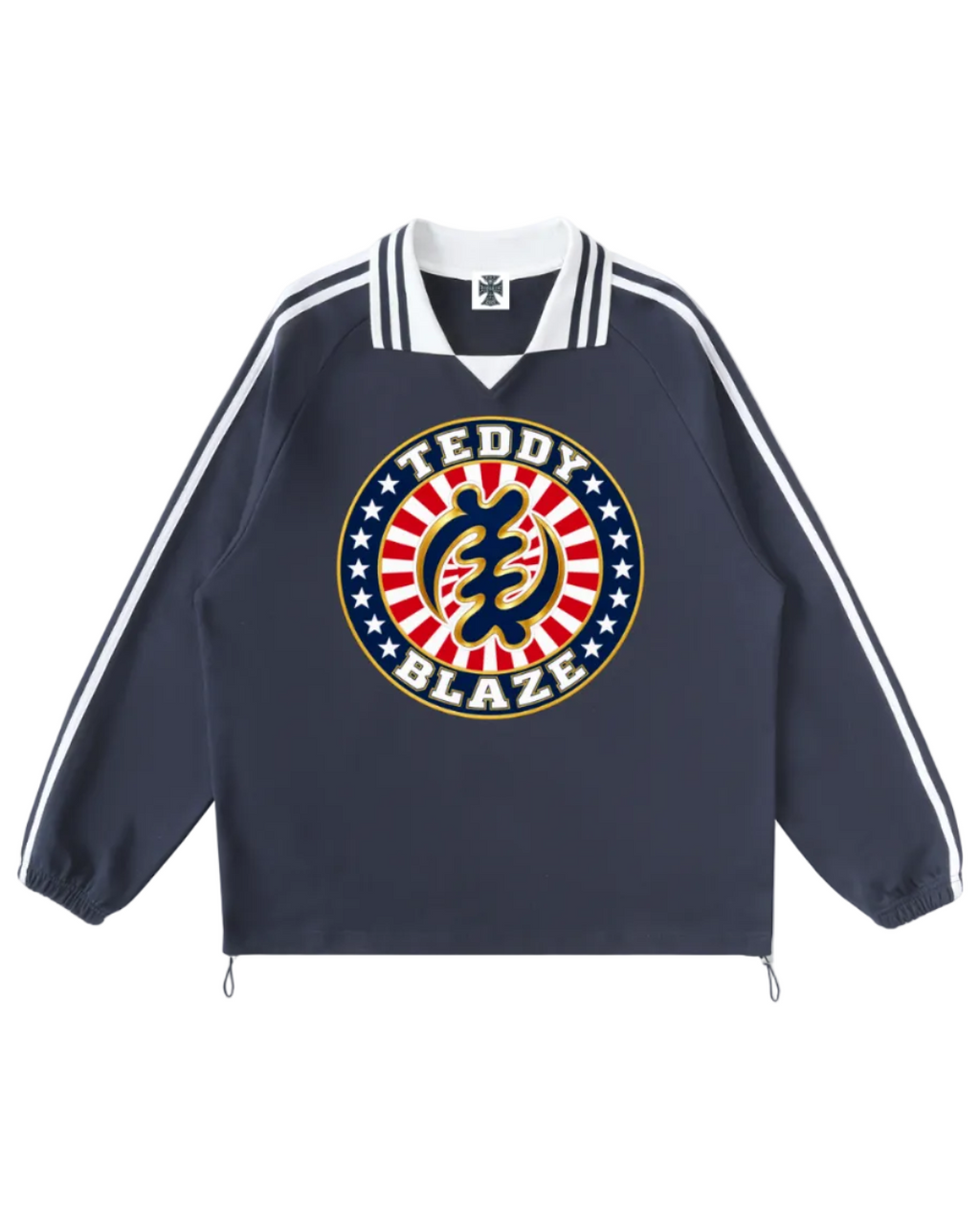 Shop the Iron + Ivy Mocha Americano Contrast Trim Long Cotton Polo by Teddy Blaze. Heavyweight 380 GSM cotton polo featuring a circular starburst graphic emblem and cinch drawstring hem.
