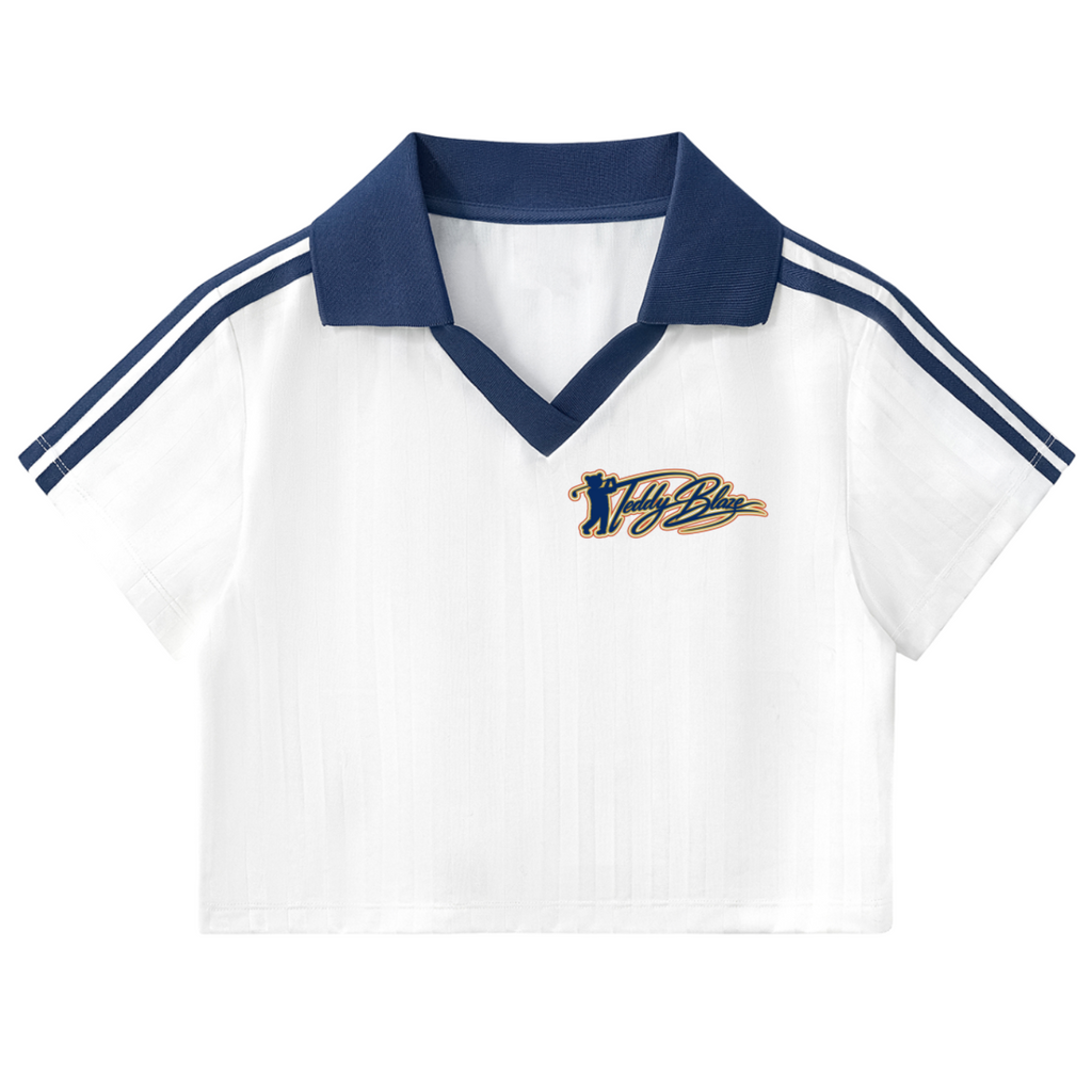 A white short-sleeve polo shirt with a navy blue collar and double navy stripes on the sleeves, featuring a small embroidered 'Wizz' logo on the chest.
