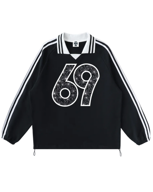 Shop the Iron + Ivy Signature 69 Contrast Trim Long Cotton Polo by Teddy Blaze. Onyx black 380 GSM cotton long-sleeve polo with 69 botanical chest graphic and golf bear back logo.