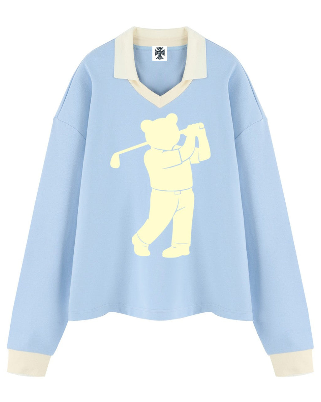 Shop the Iron + Ivy Signature Golfer Contrast Trim Long Polo by Teddy Blaze. Heavyweight 320 GSM sky blue cotton-poly long-sleeve polo with cream contrast collar, cuffs, and signature bear golfer graphics.