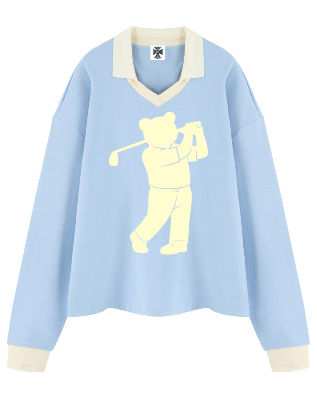 Shop the Iron + Ivy Signature Golfer Contrast Trim Long Polo by Teddy Blaze. Heavyweight 320 GSM sky blue cotton-poly long-sleeve polo with cream contrast collar, cuffs, and signature bear golfer graphics.