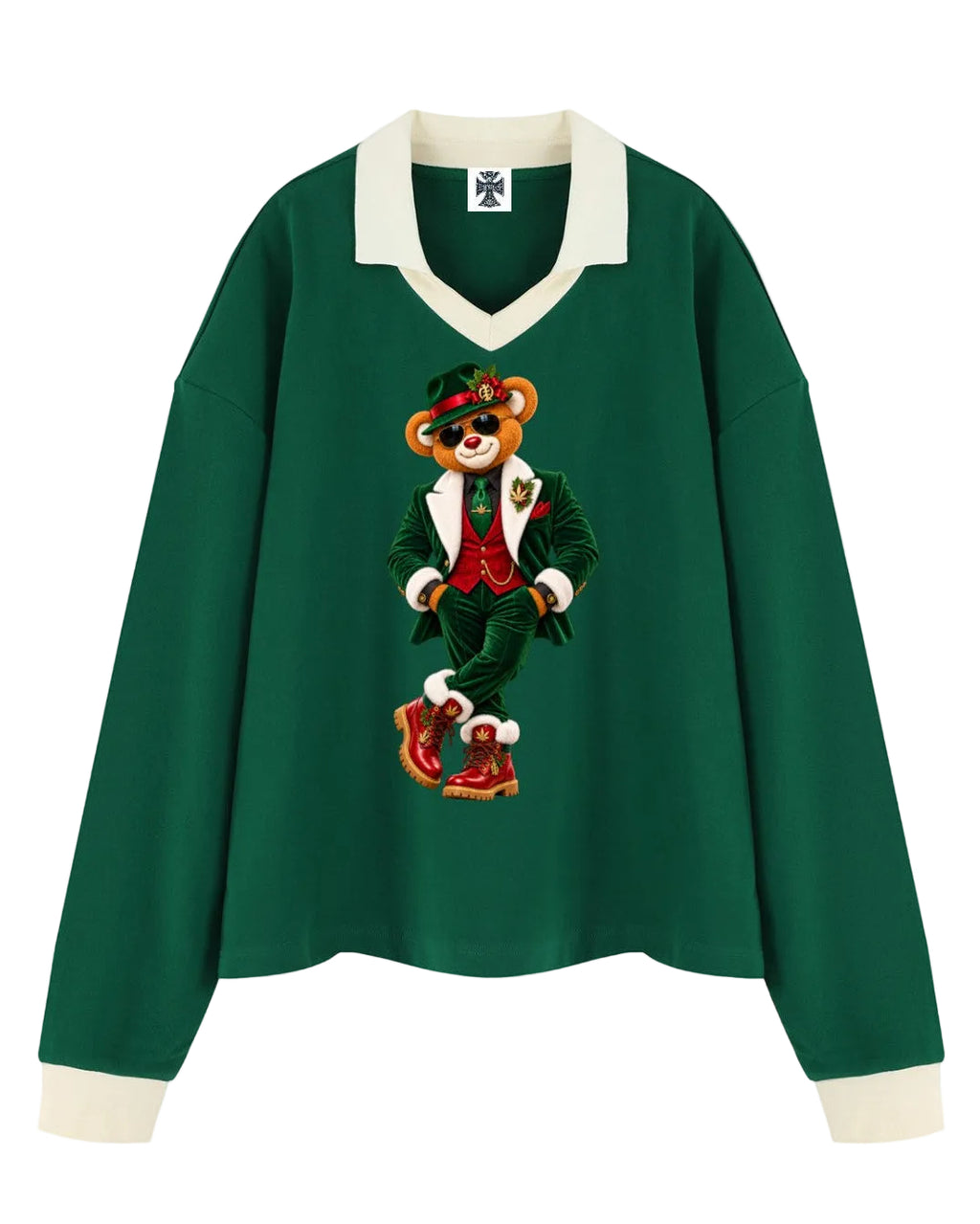 Shop the Iron + Ivy Signature Santa Blaze Contrast Trim Long Polo by Teddy Blaze. Heavyweight 320 GSM forest green cotton-poly long-sleeve polo with cream contrast collar and festive Santa bear graphic.