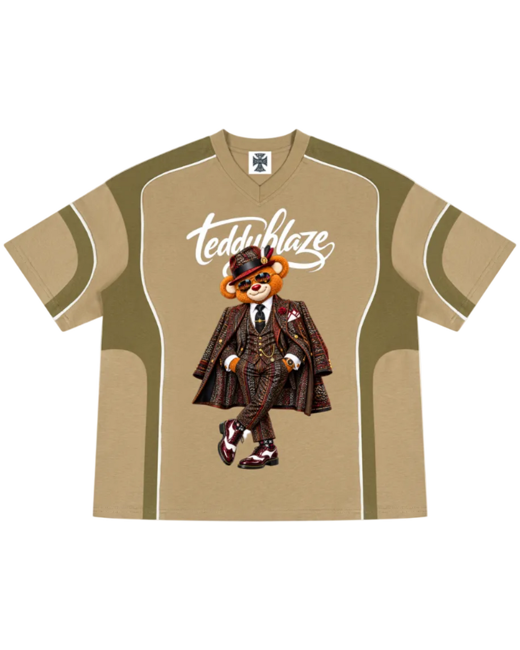 Shop the Iron + Ivy Signature Sapeur Blaze Paneled V-Neck Cotton Tee by Teddy Blaze. Breathable 230 GSM khaki paneled cotton t-shirt featuring a dapper Sapeur bear graphic.