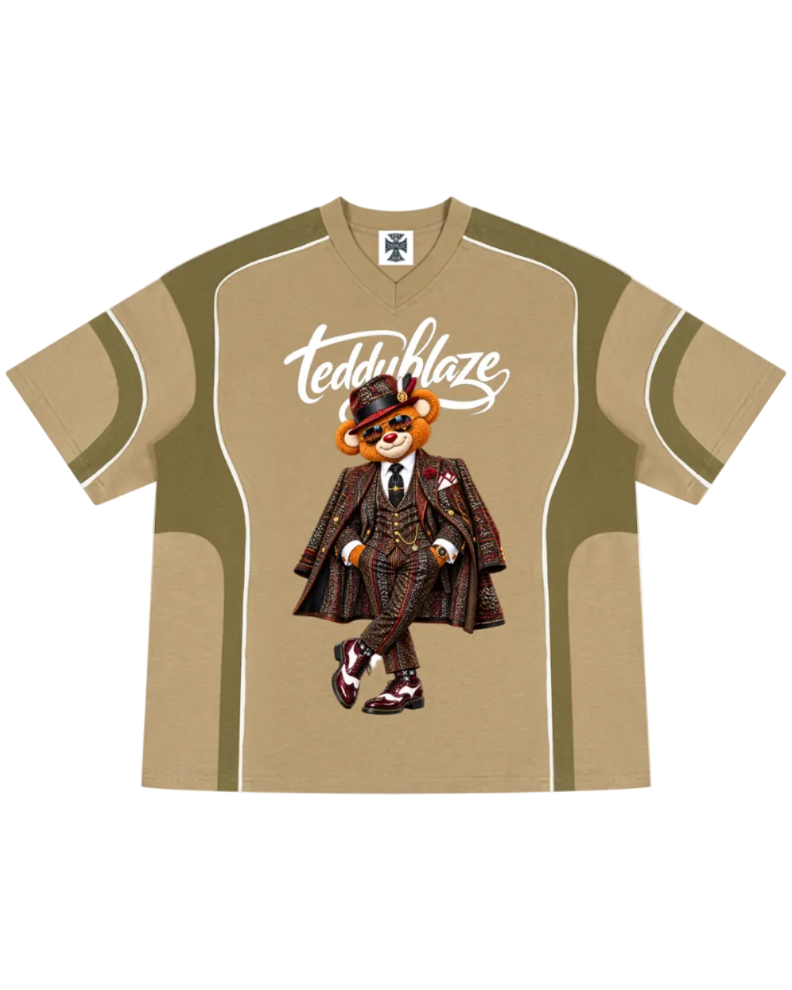 Shop the Iron + Ivy Signature Sapeur Blaze Paneled V-Neck Cotton Tee by Teddy Blaze. Breathable 230 GSM khaki paneled cotton t-shirt featuring a dapper Sapeur bear graphic.