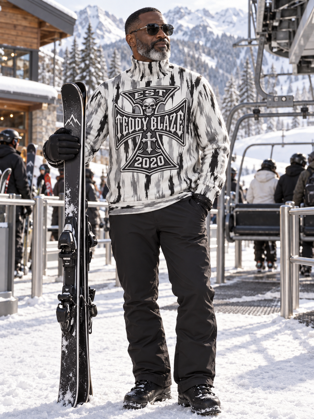 A man wearing a black and white tie-dye graphic sweatshirt with 'TEDDY BLAZE 2020' printed on the front, black snow pants, and black boots, standing in the snow at a ski resort and holding a snowboard.