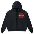 Heavyweight mineral wash zip hoodie with a relaxed boxy fit, Brand Rising chest graphic and Teddy Blaze Samurai back artwork. Cotton-rich unisex streetwear from MEN OF BLAZE.