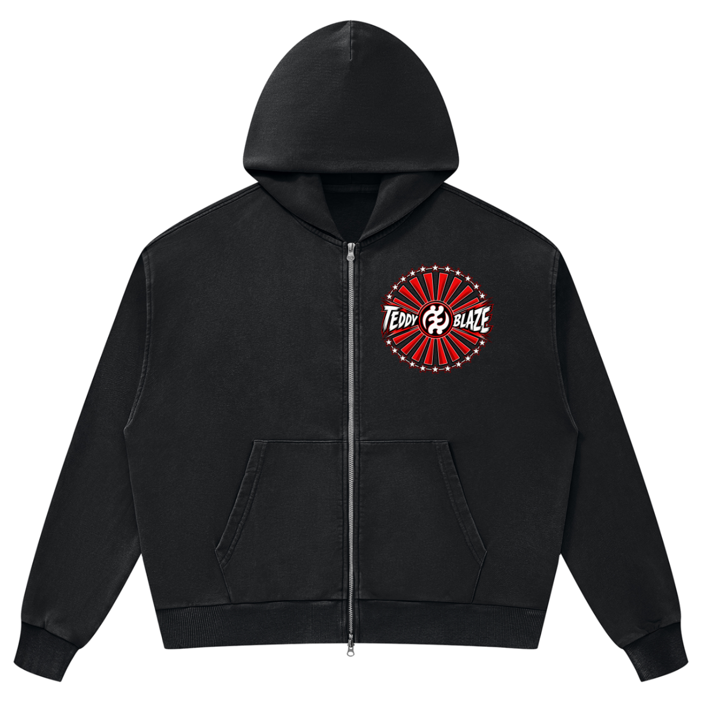 Heavyweight mineral wash zip hoodie with a relaxed boxy fit, Brand Rising chest graphic and Teddy Blaze Samurai back artwork. Cotton-rich unisex streetwear from MEN OF BLAZE.