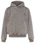 Discover the Teddy Blaze distressed washed patchwork hoodie. Available in black and khaki, featuring a high neck, zipper closure, and relaxed oversized fit.