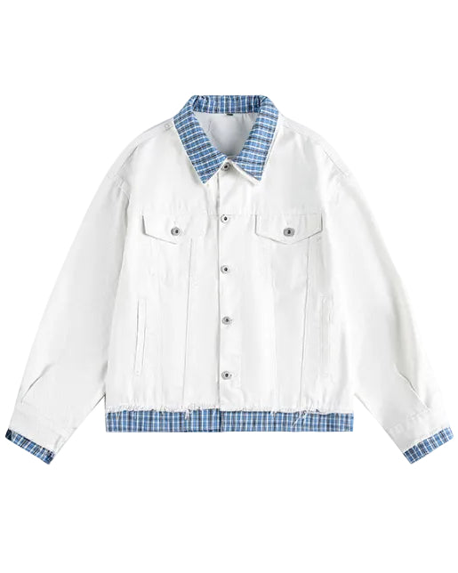 Discover the Teddy Blaze cotton jacket featuring a contrasting plaid collar, hem detailing, and cuffs. Available in white and blue colorways, this statement outerwear piece brings layered depth and relaxed style to autumn dressing.