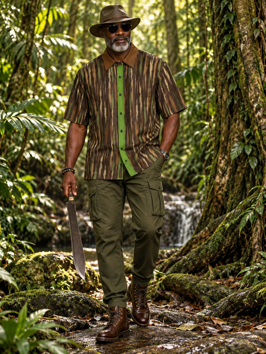 Shop the Terra Safari Short Sleeve Button-Down Shirt by Teddy Blaze. Lightweight 120g/m² resort shirt featuring earth-tone feather print and contrast collar.