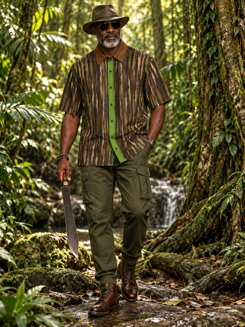 Shop the Terra Safari Short Sleeve Button-Down Shirt by Teddy Blaze. Lightweight 120g/m² resort shirt featuring earth-tone feather print and contrast collar.