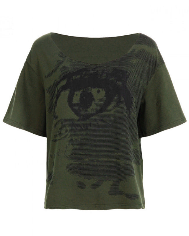 Shop the Iron + Ivy Traced Cotton Distressed Eye Graphic Short-Sleeve Top by Teddy Blaze. Relaxed-fit green traced cotton tee featuring an edgy distressed eye print and raw-edge round neckline.