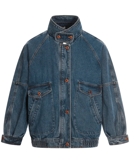 Shop the Iron + Ivy Washed Denim Stand Collar Bomber Jacket by Teddy Blaze. Relaxed-fit 100% cotton washed blue denim jacket featuring a structured stand collar, button placket, and dual front utility pockets.