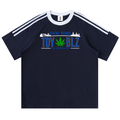A navy blue short-sleeve t-shirt with white shoulder stripes, featuring a graphic on the chest that reads 'NEW YORK TDY BLZ THE KNOXHEAD GANGS' with a green cannabis leaf replacing the letter 'I'.