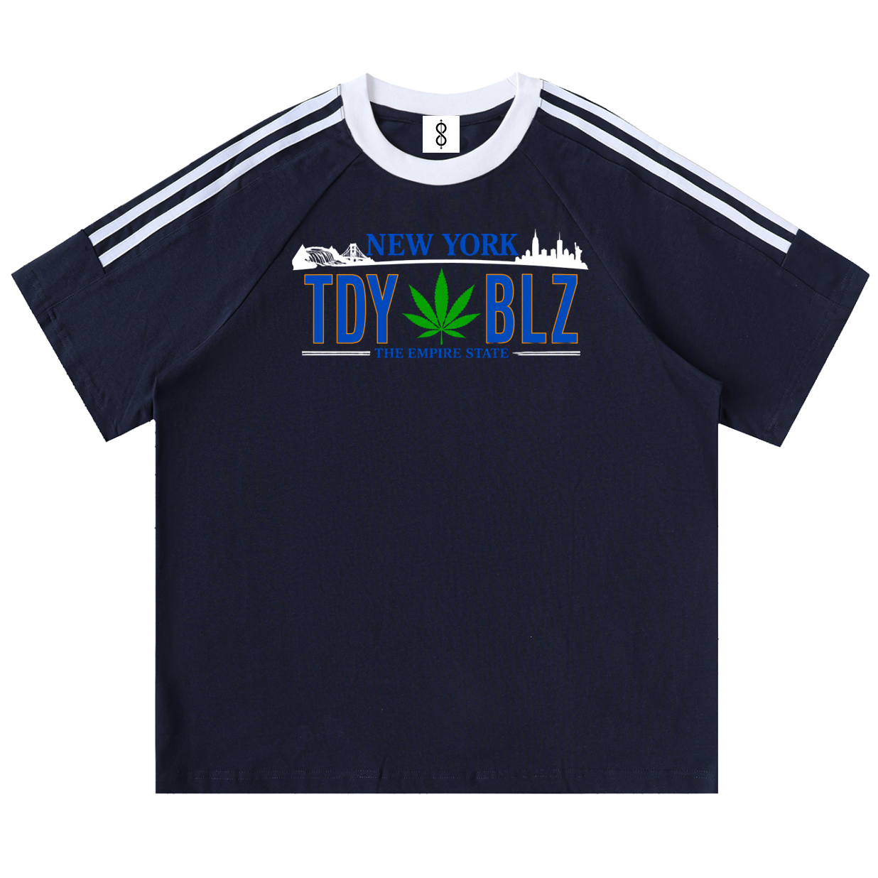 A navy blue short-sleeve t-shirt with white shoulder stripes, featuring a graphic on the chest that reads 'NEW YORK TDY BLZ THE KNOXHEAD GANGS' with a green cannabis leaf replacing the letter 'I'.