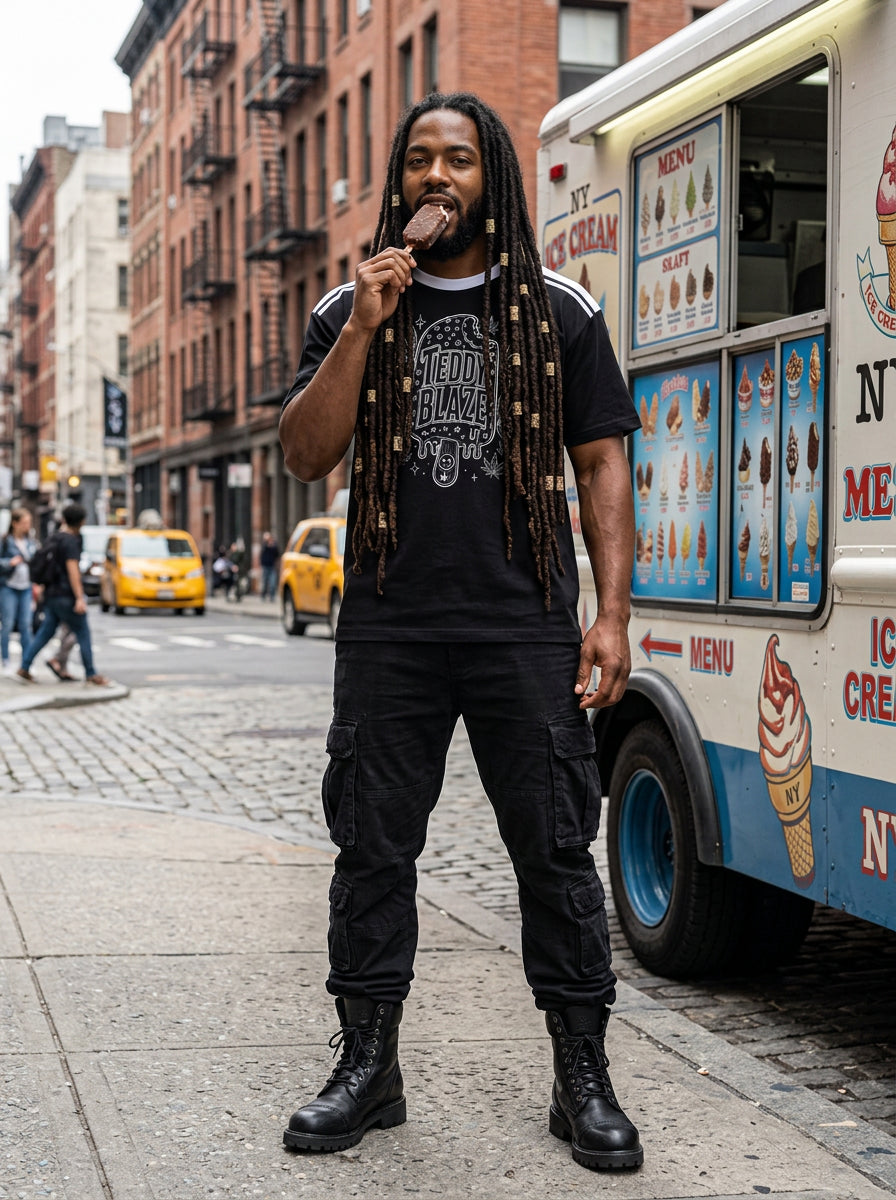 A man with long dreadlocks stands on a city sidewalk next to an ice cream truck, wearing a black graphic T-shirt, black cargo pants, and black boots. The background shows urban buildings, street, and yellow cabs.