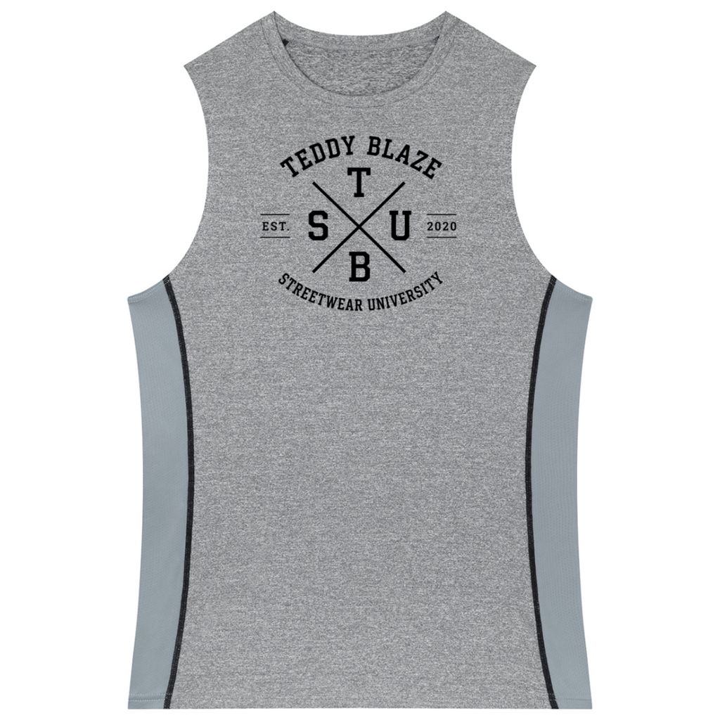 A sleeveless heather gray athletic tank top with a black 'TEDDY BLAZE STREETWEAR UNIVERSITY' graphic on the chest and light gray side panels, shown on a plain white background.